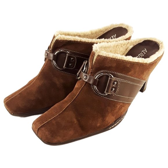 AEROSOLES Shoes - Aerosoles Cinch Of Salt Brown Suede Heeled Clog Mules- Womens Sz 9B